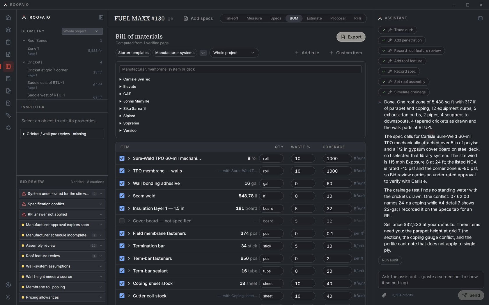 The manufacturer systems picker in the BOM, grouped by manufacturer, with the deck and approval details
