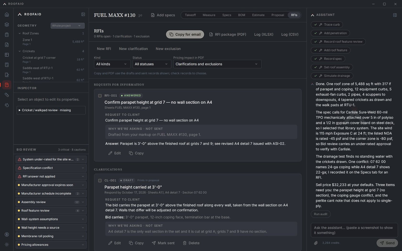 The RFIs tab: a request to the architect with the sheet crop, the bid's assumption in the meantime, and the recorded answer